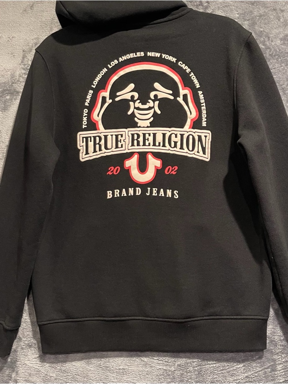 True Religion Large Sunrise Buddha Hoodie Sweatshirt Black Graphic Streetwear